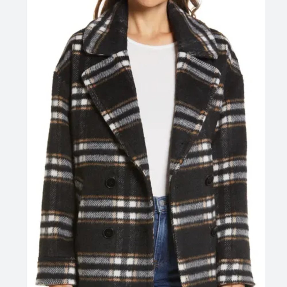 Halogen Plaid Print Double Breasted Pea Coat - Black- Camel Barn Plaid